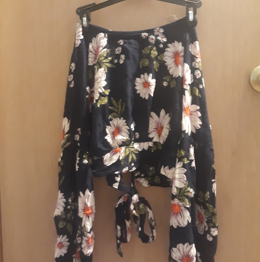 Navy Blue Floral Long Sleeved Crop Top